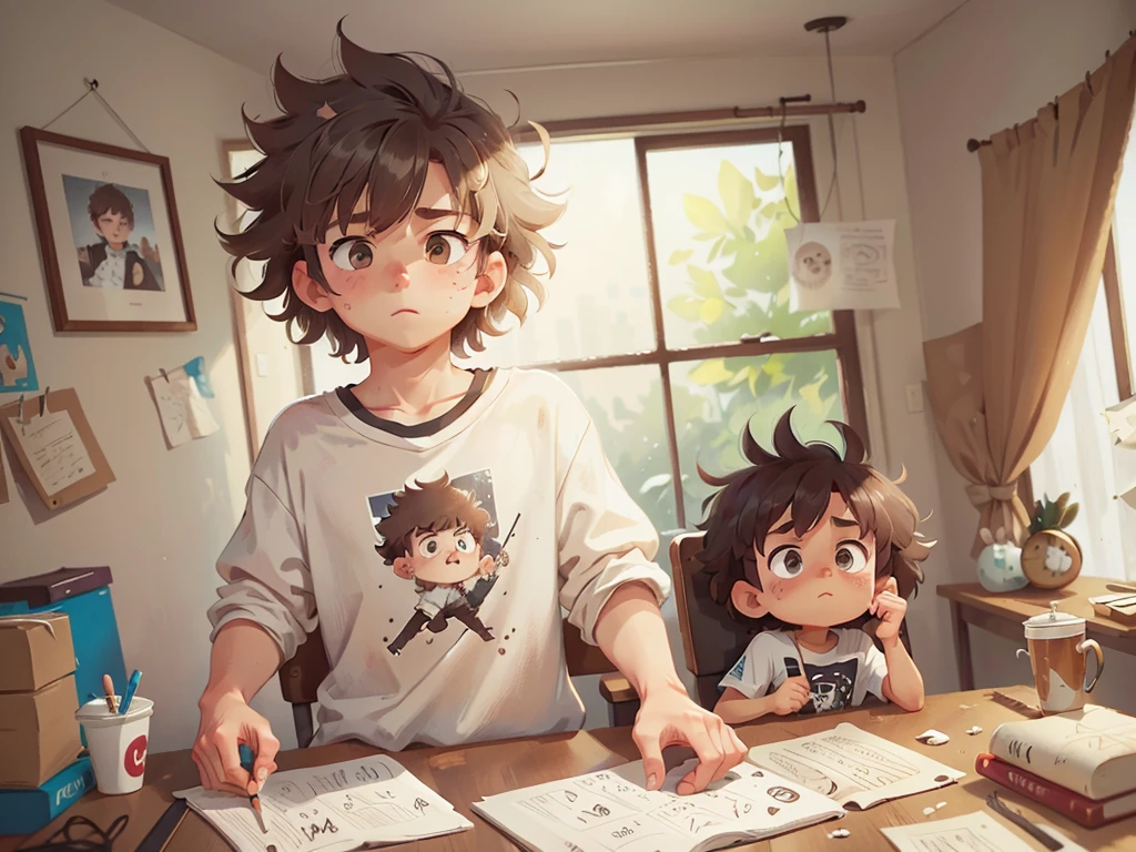A white boy, Messy hair, fluffly, Youngh, stylish, 14歳, eyes browns, 