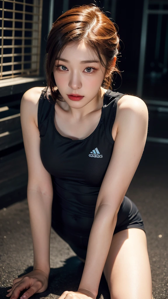 Highly detailed CG Unity 8K wallpapers，top Quority，Super detailed，tmasterpiece，realisticlying，photograph realistic，Very detailed cute girl，25 age old，musculature，Microabs，Round eyes，peeping at the viewer，Be red in the face，parted lip，Half-body shooting，
track suit ， gym room，black fishnet stocking , short  hair 