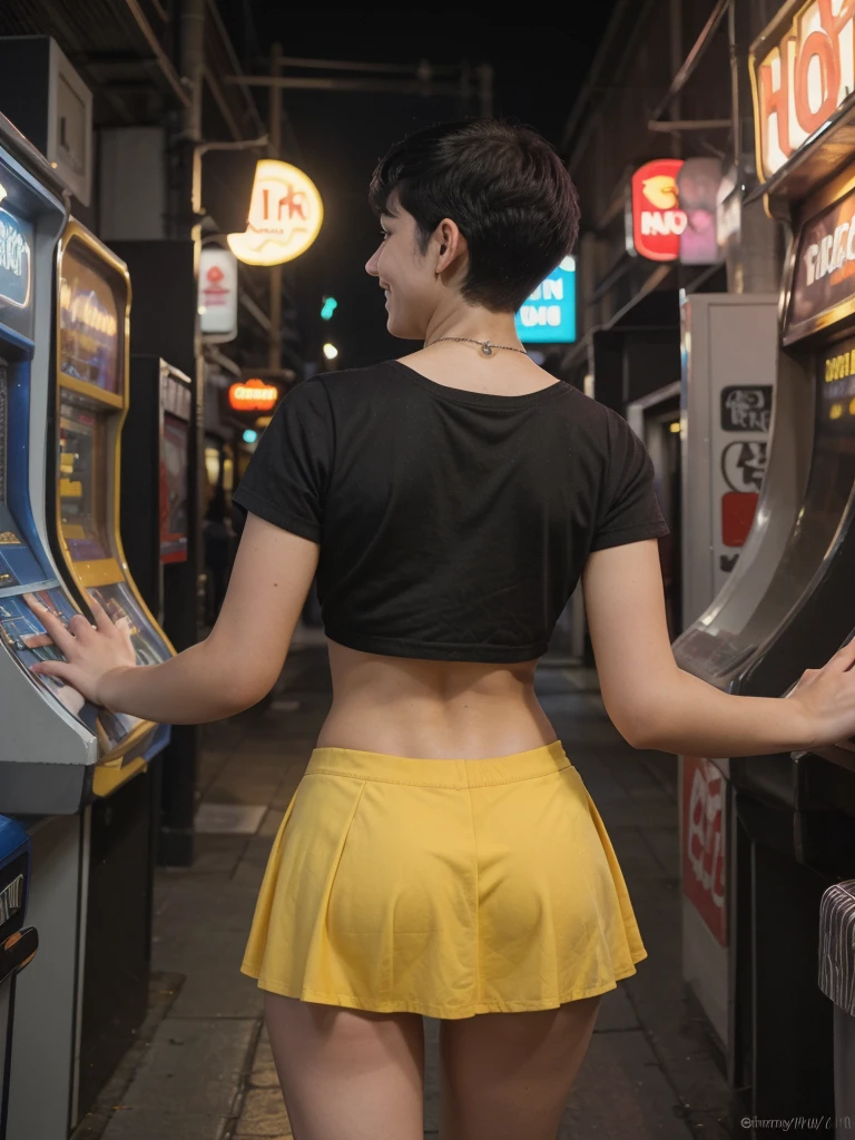 8k, RAW photo, best quality, ultra high resolution, photorealistic, 18 year old slim girl with black purple short undercut haircut, arcade, night, yellow, smiling, perfect hands, five fingers, skirt, back