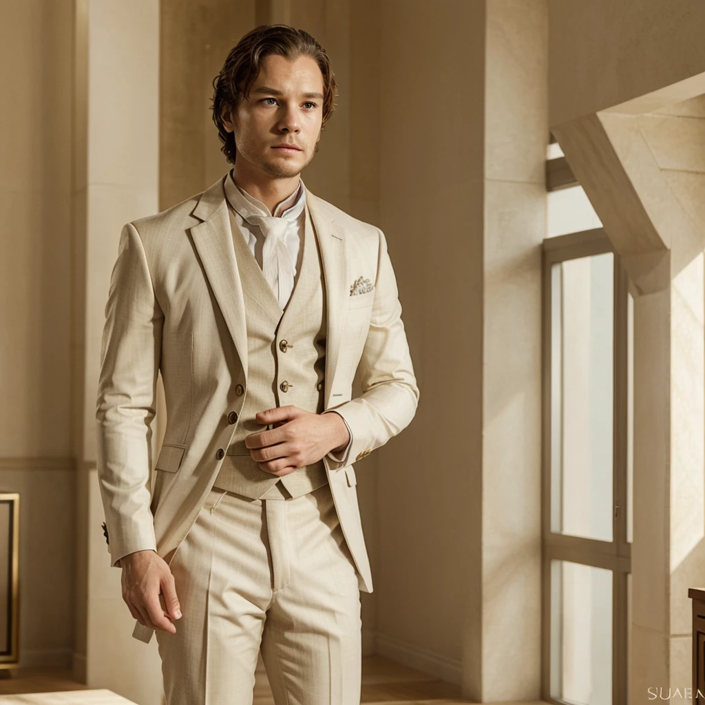 Generate a suit for a man, based on game of thrones, The representative colors of the house are beige, Dorado, white and high quality details, the suit must be cute, slightly fitted to the body and simple but elegant.