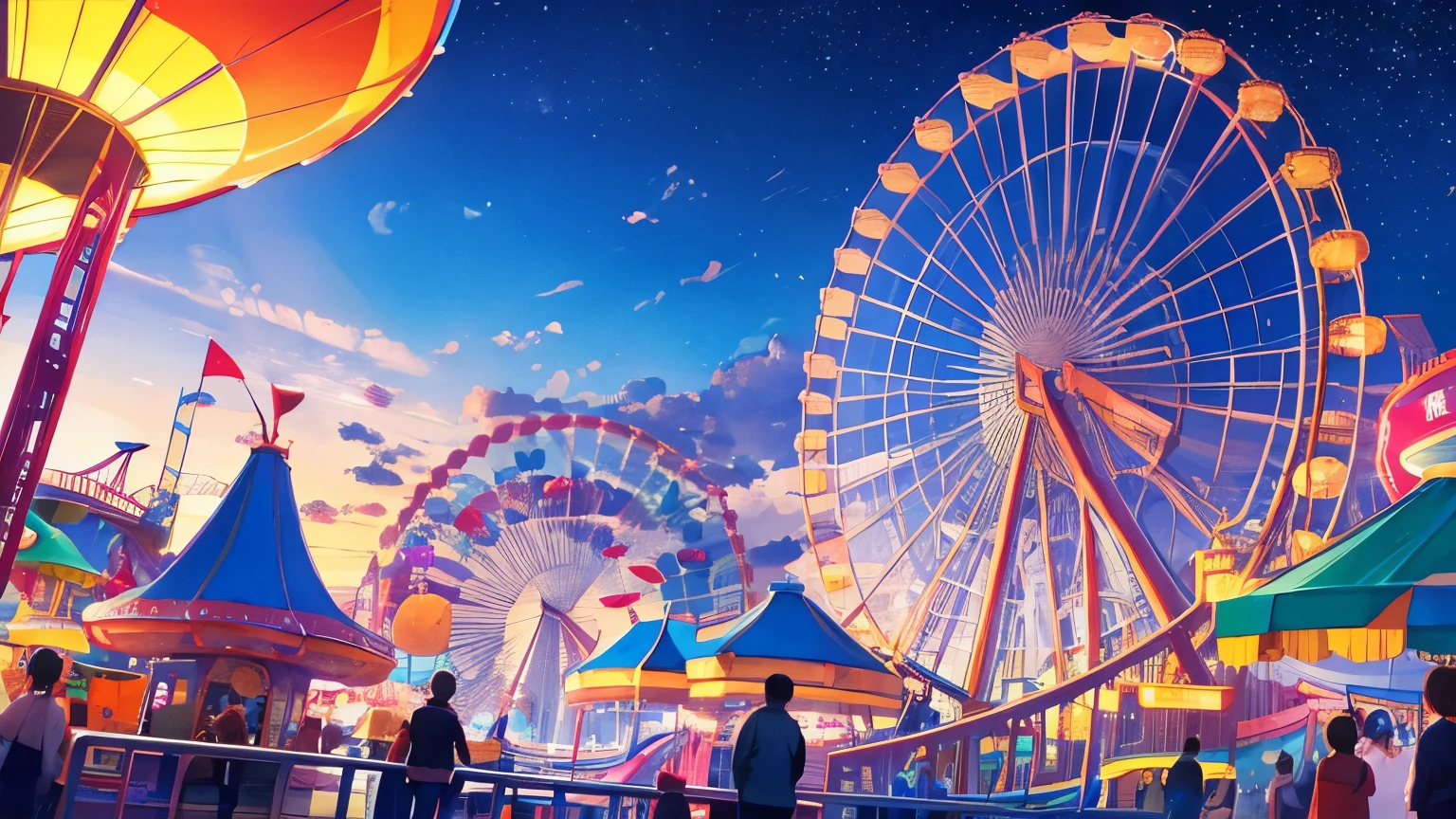 I want a view from the sky of an amusement park one night