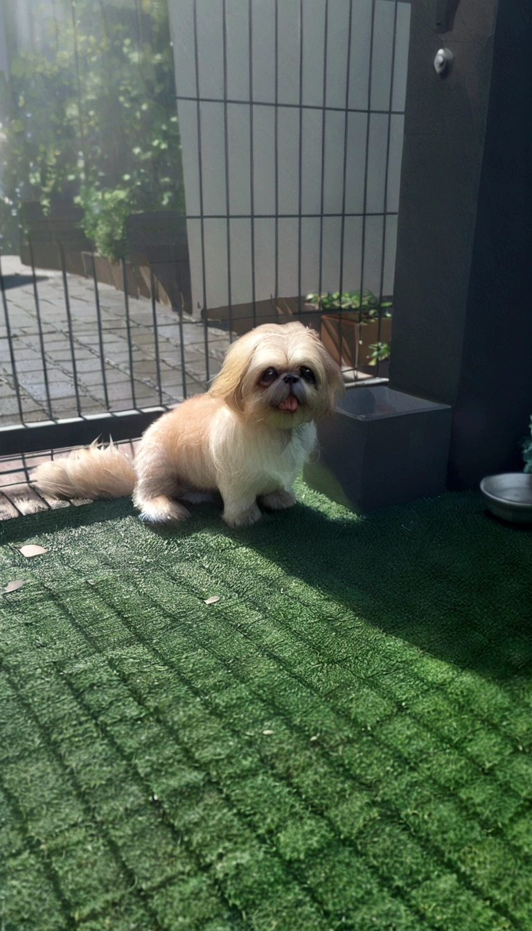 caramel shih tzu sitting in the backyard of the house sunbathing realistic