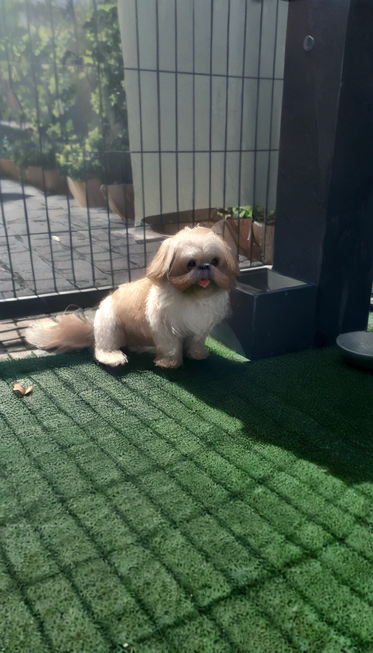 caramel shih tzu sitting in the backyard of the house sunbathing realistic