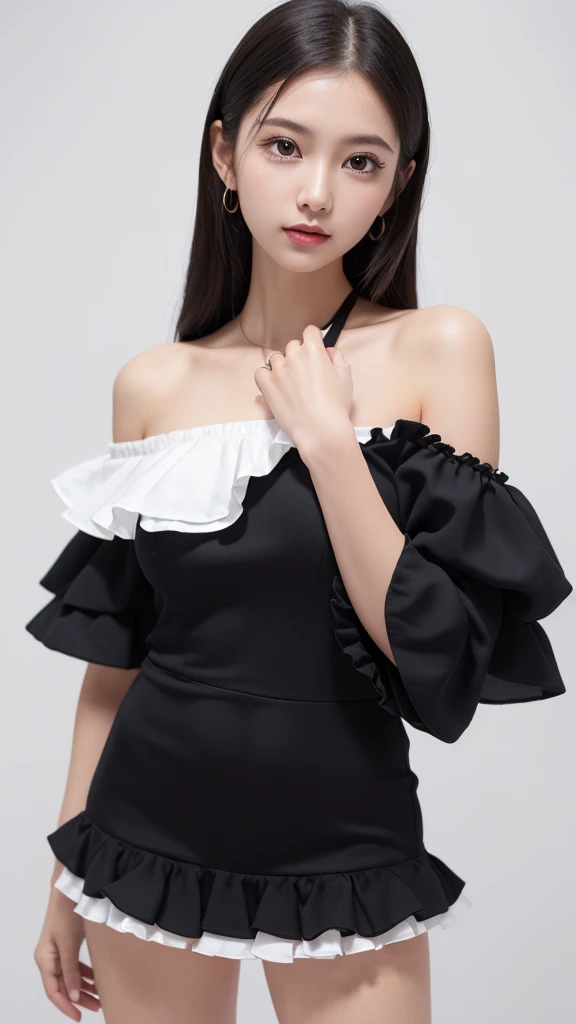 (((forehead、Northern Europe、White people、beautiful girl、Black Hair、White background、sexy、Big Breasts、Frills、Off-the-shoulder strap dress)))、table top, highest quality, figure, super detailed, finely, High resolution, 8k wallpaper, Perfect dynamic composition, detailed and beautiful eyes, Deco out,bionde, breasts, Natural color lip,white background, random cute poses,