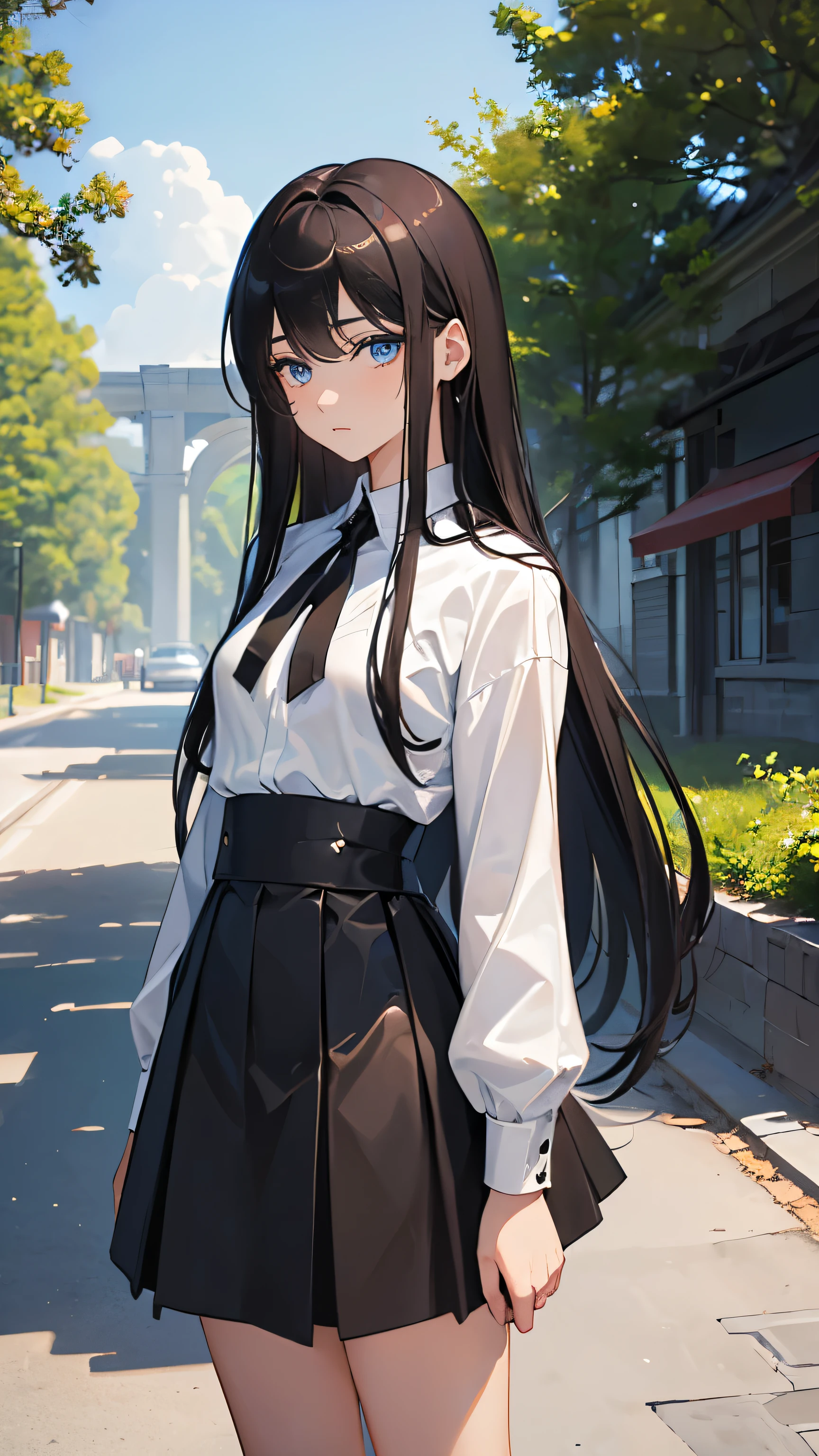 ((Best masterpiece, Perfect quality, Ultra detailed)), A teenage girl, With skinny body, With blue eyes, With smaller breasts, Flat bust, With med brown-black hair, Wearing white y-shirt with black tie, Wearing black fabric skirt with gather, She is shy, Quiet, Neat, Calm, 162cm