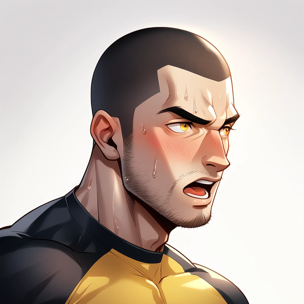 1muscular sportsman, Athlete, male focus, Buzz Cut, Yellow and black tight T-shirt, One, Very tight, muscular male, muscular, only, Upper body, alone, look to the side, short hair, stubble, sweat, black hair, Yellow eyes, open lips, White background, simple background, amazing quality, best aesthetics, Ridiculous, crew cut, moaning, blush, best quality