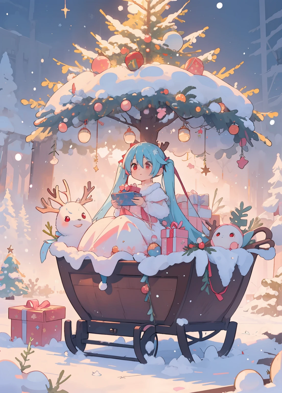 (masterpiece、Highest quality、Highest quality、Official Art、Beautiful and beautiful:1.2)、(One girl:1.3)Hatsune Miku、Twin tails,Beautiful breasts,(((Tabletop、Wide Shot))), (((Highest quality))), ((Super detailed)), (figure), ((Very delicate and beautiful)),(((Guide Lori))),winter snow city,Sacred clothing,Wrap the body with ribbon,loose socks,Christmas tree,Beautiful and fantastic night view,illumination、Light blue hair、Pink Hair,Orange eyes,Red eyes、Reindeer and sleigh,lots of gifts and decorations、present box