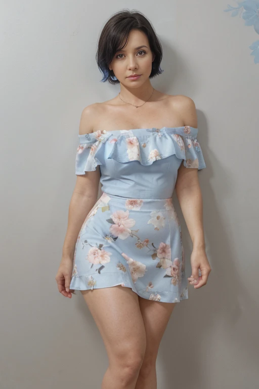 40 year old woman White Skin, (rebonded short black hair).
Pantyhose. (Floral dress on off-shoulder blue background, Different color underskirt outfit, on off-shoulder), breast cleavage, 40 year old breasts. Pantyhose black.
necklace, jewelry.
face looking at the audience.
(entire body up to the thighs and legs perpendicularly facing the camera. face looking at camera. eyes looking at the camera.).
taking a photo of the front of the body, face looking at the camera, standing straight, thighs look sexy.
no background, plain wallpaper.