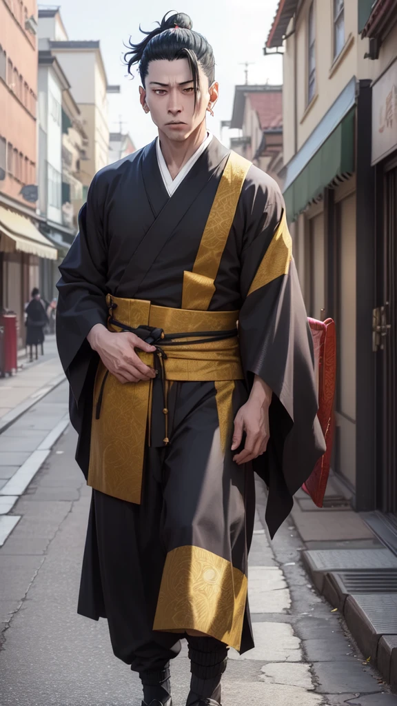 CHARACTER OF A PERSON WITH BLACK HAIR, LONG AGA, BROWN EYES, HANDSOME FACE, WEARING A KIMONO. NAMED "SUGURU GETO" IN THE ANIME STORY SERIES"(JUJUTSU KAISEN), IT STANDS IN THE MIDDLE OF A BEAUTIFUL CITY, WITH REALISTIC -8K HDR EFFECTS.