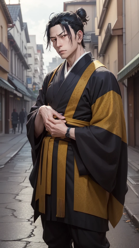 CHARACTER OF A PERSON WITH BLACK HAIR, LONG AGA, BROWN EYES, HANDSOME FACE, WEARING A KIMONO. NAMED "SUGURU GETO" IN THE ANIME STORY SERIES"(JUJUTSU KAISEN), IT STANDS IN THE MIDDLE OF A BEAUTIFUL CITY, WITH REALISTIC -8K HDR EFFECTS.