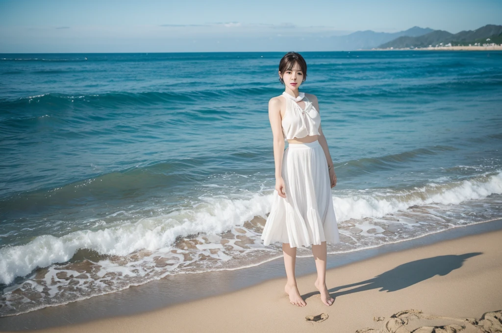 8K, 35 year old Korean woman, Inspired by Son Ye-jin. realistic, lifelike photo, Realistic appearance of nature, , blue. calm waves. Viewed from a distance with a wide-angle lens , wore a light skirt. Front view of a beautiful woman, , 1 woman, 바람에 약간 휘날리는 short medium hair , Looking at the camera, short medium hair, standing on the beach, wearing a light white skirt.