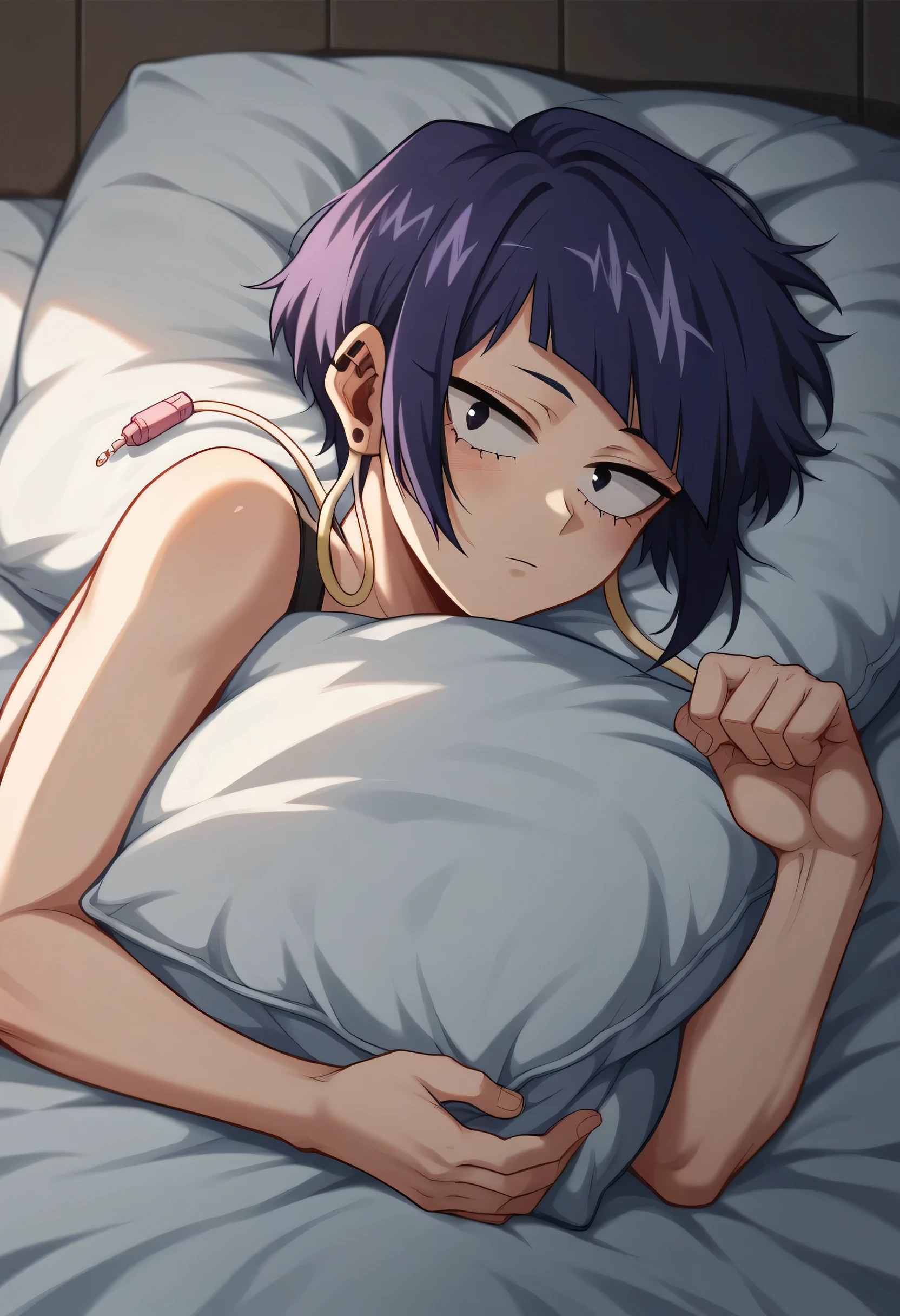 Kyoka Jiro from My Hero Academia lying in bed at night. Purple hair with asymmetrical bangs, earphone jack earlobes. Dim moonlight through window. Cozy bedroom, soft blankets. Thoughtful expression, eyes open. Casual sleepwear. Waiting pose, slightly propped up on pillows. Warm, intimate atmosphere.