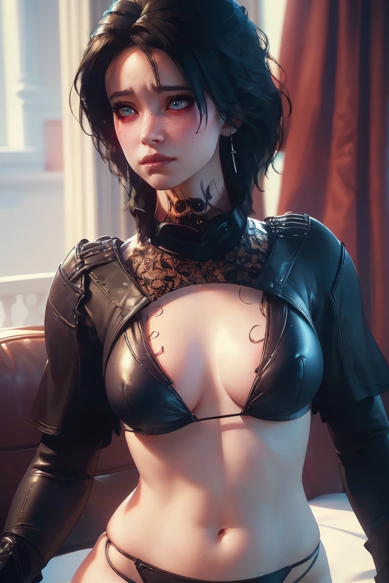 (best quality,4k,8k,highres,masterpiece:1.2),ultra-detailed,(realistic,photorealistic,photo-realistic:1.37),Evelyn,close-up,complete face detailed,blushing,baldur's gate 3,solo,beautiful detailed eyes,beautiful detailed lips,extremely detailed eyes, big breast. Wearing black bikini