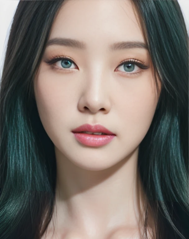 A closeup of a woman with long hair with deep rare green eyes., black and white hair, pale porcelain white skin, white skin and reflective eyes., pale milky white porcelain skin, South Korean popular makeup, skin with porcelain reflections, shiny porcelain skin, porcelain white skin, shiny skin, Face up, Popular Korean makeup, pointed face and gray eyes, beautiful pale makeup, beautiful realistic face