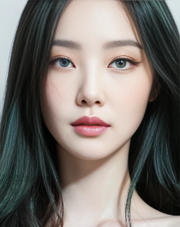 A closeup of a woman with long hair with deep rare green eyes., black and white hair, pale porcelain white skin, white skin and reflective eyes., pale milky white porcelain skin, South Korean popular makeup, skin with porcelain reflections, shiny porcelain skin, porcelain white skin, shiny skin, Face up, Popular Korean makeup, pointed face and gray eyes, beautiful pale makeup, beautiful realistic face