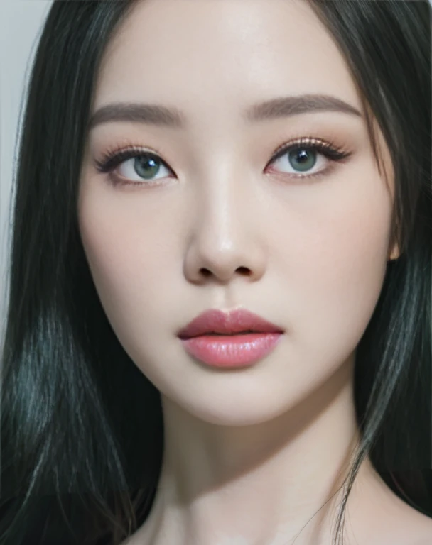 A closeup of a woman with long hair with deep rare green eyes., black and white hair, pale porcelain white skin, white skin and reflective eyes., pale milky white porcelain skin, South Korean popular makeup, skin with porcelain reflections, shiny porcelain skin, porcelain white skin, shiny skin, Face up, Popular Korean makeup, pointed face and gray eyes, beautiful pale makeup, beautiful realistic face