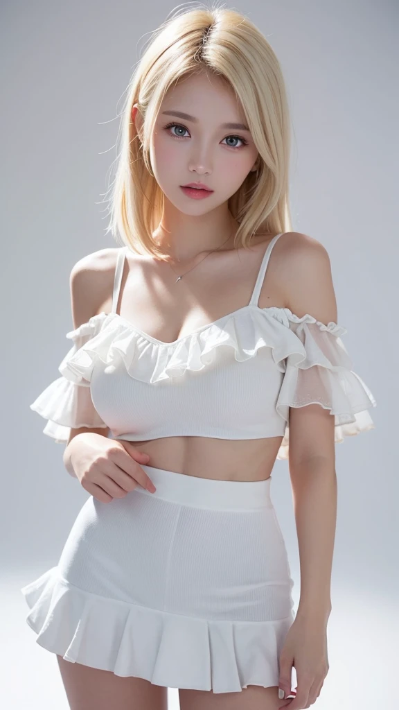 (((forehead、White Blonde Hair、Northern Europe、White people、beautiful girl、Blonde、White background、Frills、race、slit、Off the shoulder、See-through、flare skirt、Shoulder straps)))、table top, highest quality, figure, super detailed, finely, High resolution, 8k wallpaper, Perfect dynamic composition, detailed and beautiful eyes, Deco out,bionde, medium hair, big breasts, Natural color lip,white background, random cute poses,frill dress