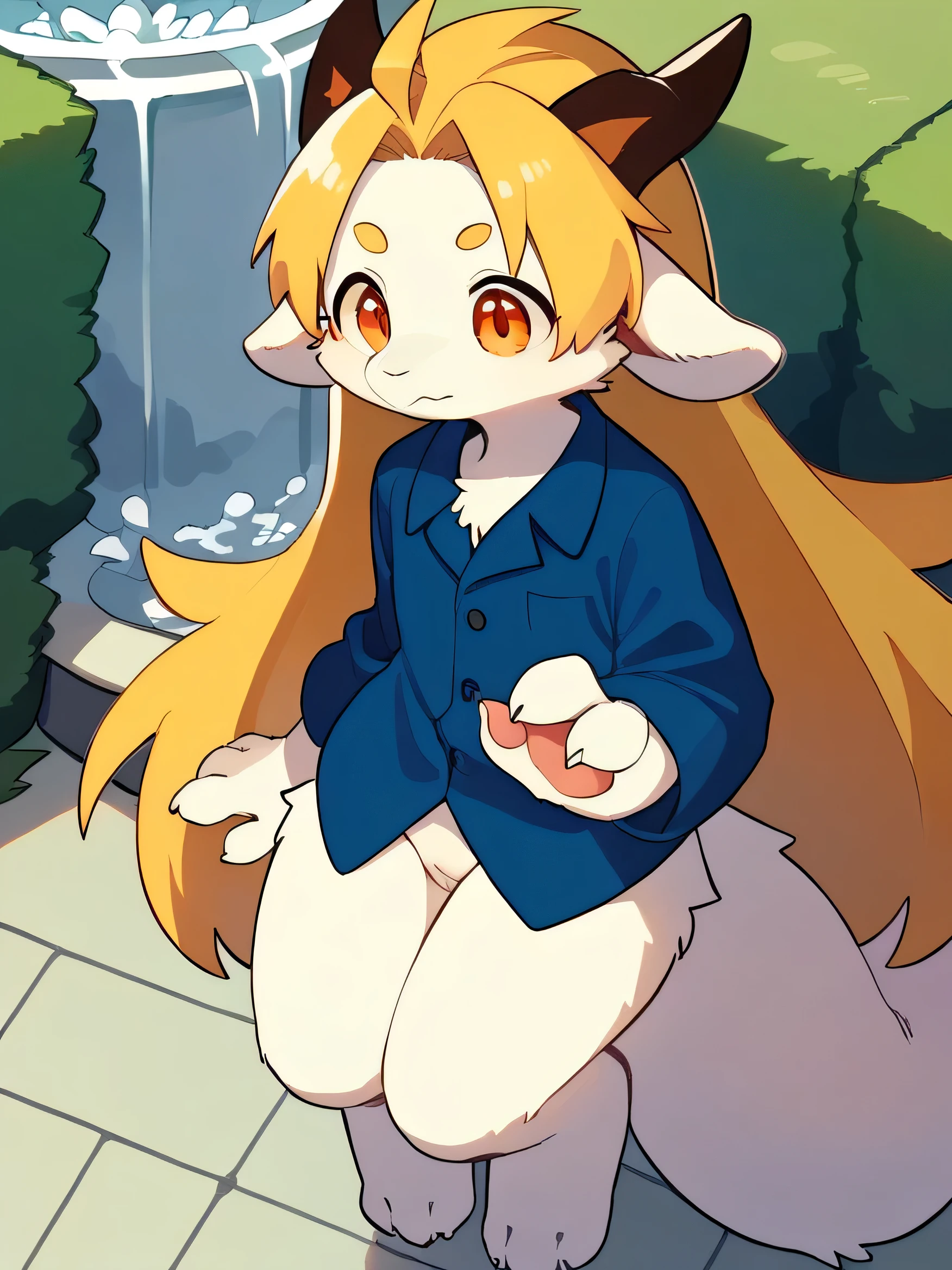 score_8_above, score_7_above, score_6, fountain_furry, fountain_cheered up, ((furry, kemono, the second)), Alone, skin_dragon, long fur, fluffy fur, Alas, membranous Alas, fluffy tail, horn, white body, light orange eyes, Golden hair, very long hair, blunt bangs, forehead, unclothed, with a visible vagina, JUMPING, floppy ears