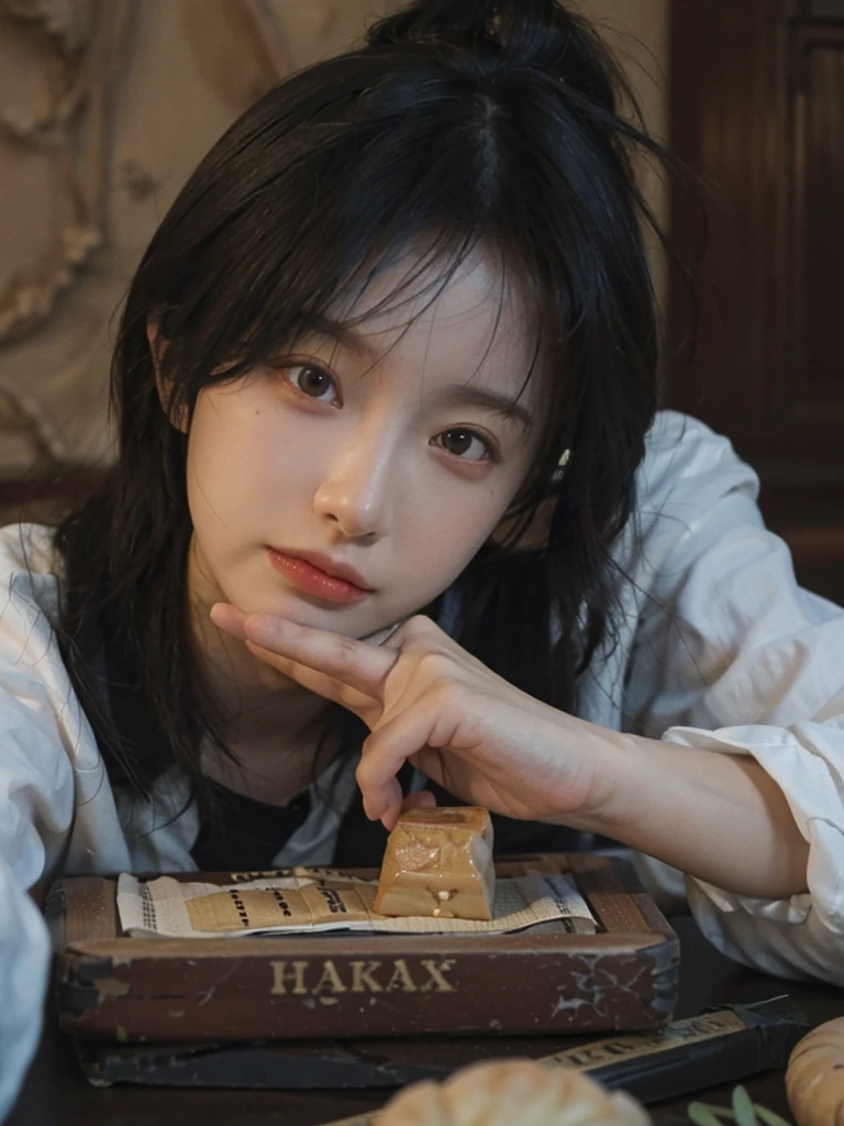8K,best quality, masterpiece, Ultra-high resolution, (Reality:1.4), RAW photos, (Real skin texture:1.3), (Film Grain:1.3),1 Girl,Beautiful and detailed eyes and face,masterpiece, best quality,close up,Upper body,In front of the table