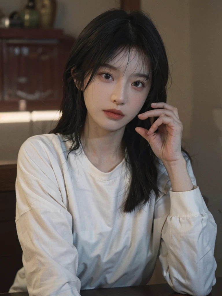 8K,best quality, masterpiece, Ultra-high resolution, (Reality:1.4), RAW photos, (Real skin texture:1.3), (Film Grain:1.3),1 Girl,Beautiful and detailed eyes and face,masterpiece, best quality,close up,Upper body，In front of the table