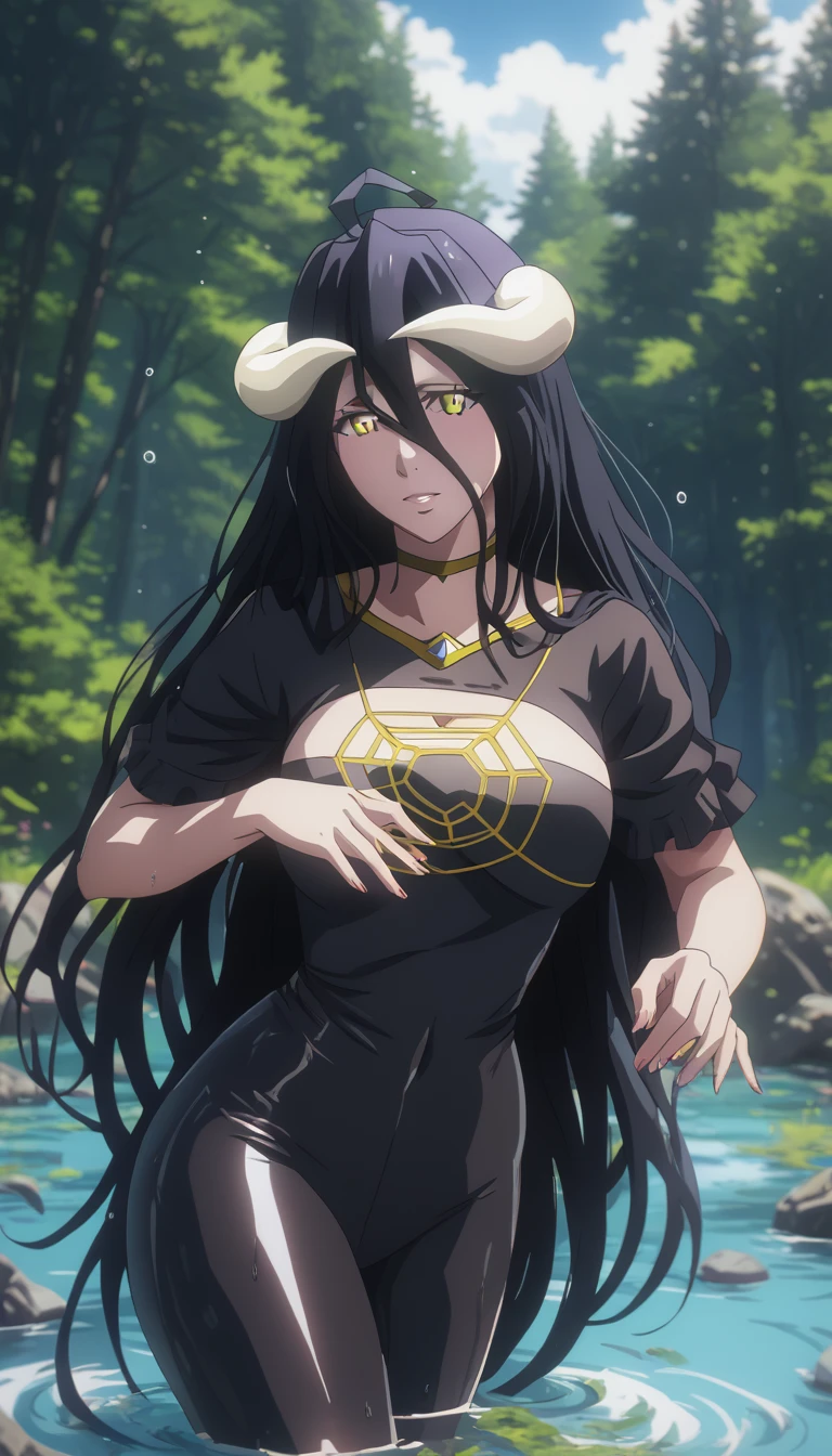 (harayutaka art style:0.7), score_9, score_8_up, score_7_up, score_6_up, uncensored, albedo, long hair, black hair, horns, demon girl, demon horns, albedo (overlord), hair between eyes, yellow eyes, slit pupils, BREAK (masterpiece:1.2), best quality, high resolution, (illustration:0.8), (detailed eyes:1.3), perfect lighting, extremely detailed CG, (perfect hands, perfect anatomy),  latex bikesuit, solo, nature,  outdoors, standing, forest, looking_at_viewer, water, blurry, tree, blurry_foreground, water_drop, rock, depth_of_field, 