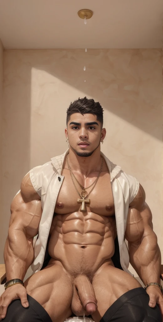 (masterpiece, intricately detailed, highest resolution, best quality:1.2), (doujin), a cocky Latino Instagram influencer,a 24 y.o muscle stud with a muscular physique sitting on a chair with black eyes,dark-skinned male, wearing a ((open jacket, chav, armbands, ankh necklace)), (excessive cum), (cum on body), (cum drip), flaccid penis,saggy balls,hairy chest,vascular,muscle striations,soft light,fantastic realism,