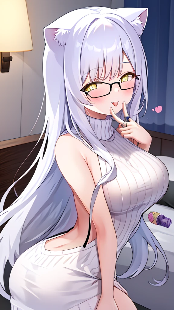 A 20-year-old female angel with long hair, white hair, yellow eyes, white cat ears, and white angel wings. A glowing yellow halo ring overhead. Wear round glasses (White halter turtleneck sweater, white purekiller sweater, sleeveless, sexy backless sweater, white dress) White arm warmers, stick out tongue, bedroom, hold a condom packet.