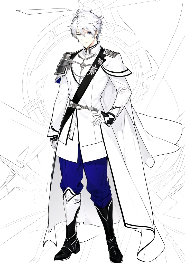 a drawing of a man in a white coat and blue pants, clear outfit design, character adoptable, as a dnd character, full body character, rpg portrait full body, skinny male fantasy alchemist, fullbody rpg portrait, inspired by Kamisaka Sekka, jrpg character, a human male paladin, full body character concept, thin young male alchemist, ((lineart, monochrome, line art))