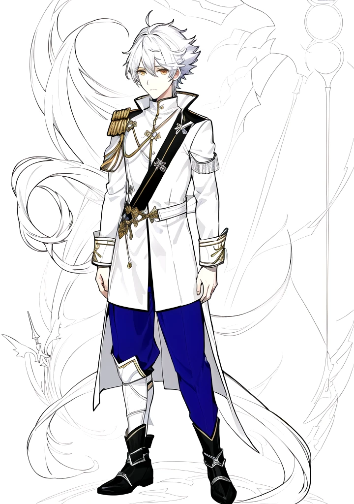 a drawing of a man in a white coat and blue pants, clear outfit design, character adoptable, as a dnd character, full body character, rpg portrait full body, skinny male fantasy alchemist, fullbody rpg portrait, inspired by Kamisaka Sekka, jrpg character, a human male paladin, full body character concept, thin young male alchemist, ((lineart, monochrome, line art))