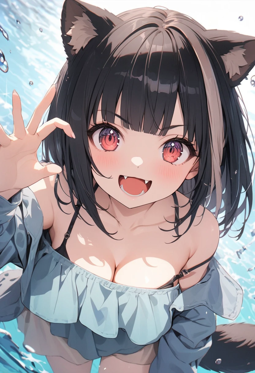 (best quarity,ultra detailed,ultra-high-resolution, absolutely resolution,8k, masterpiece),anime,(pale colors:1.8),long shot, 1girl, solo, cat mouth, dynamic angle, OK sign, smirk, opened mouth, fang, blue hair, bobcut, straight hair, racoon ears, racoon tail, (brown streaked hair:1.3), (blunt bangs) ,thick eyebrows, big breast, off shoulder bikini, water splash background, summer, fullbody,