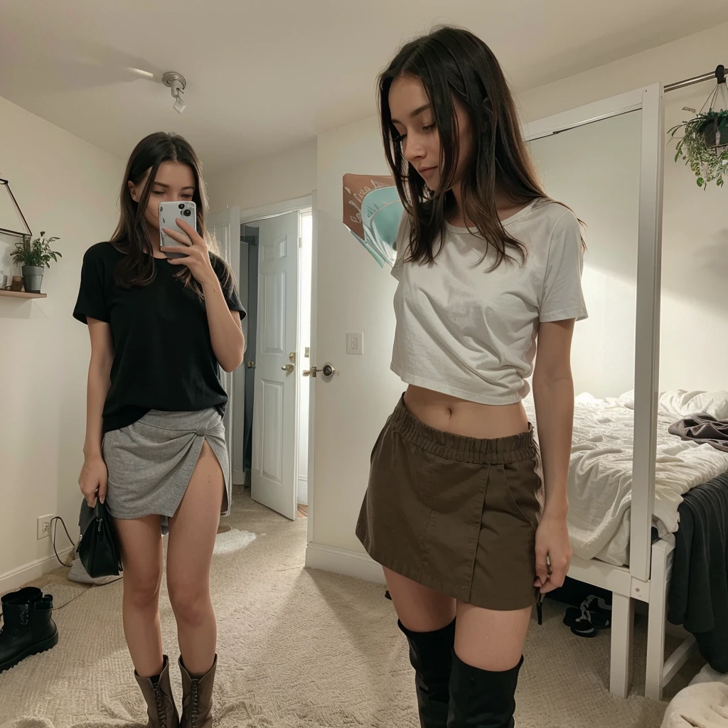 1. **Setting and Background**:
- **Location**: It seems to be a fairly ordinary room with the bed in the background., plus decorations.
- **Around**: It is moderately tidy - **Predominant Background Color**: Shades of white, brown and gray.
2. **person**:
- **gender**: female.
- **Hair**: long, loose and brown.
- **top clothing**: She is wearing a short white t-shirt that exposes her abdomen..
- **bottom clothing**: An elegant dark green skirt, slightly frayed at the bottom edge.
- **Footwear**: Short black boots that reach to the knees.
3. **POSTURE y expression**:
- **POSTURE**: standing, taking a photo from his cell phone with his left hand touching his hair, and the right hand holding the cell phone.
- **expression**: smiling, looking forward.
- **Fondo y Around**:
- Generate a moderately tidy room.
- Include details such as pictures.