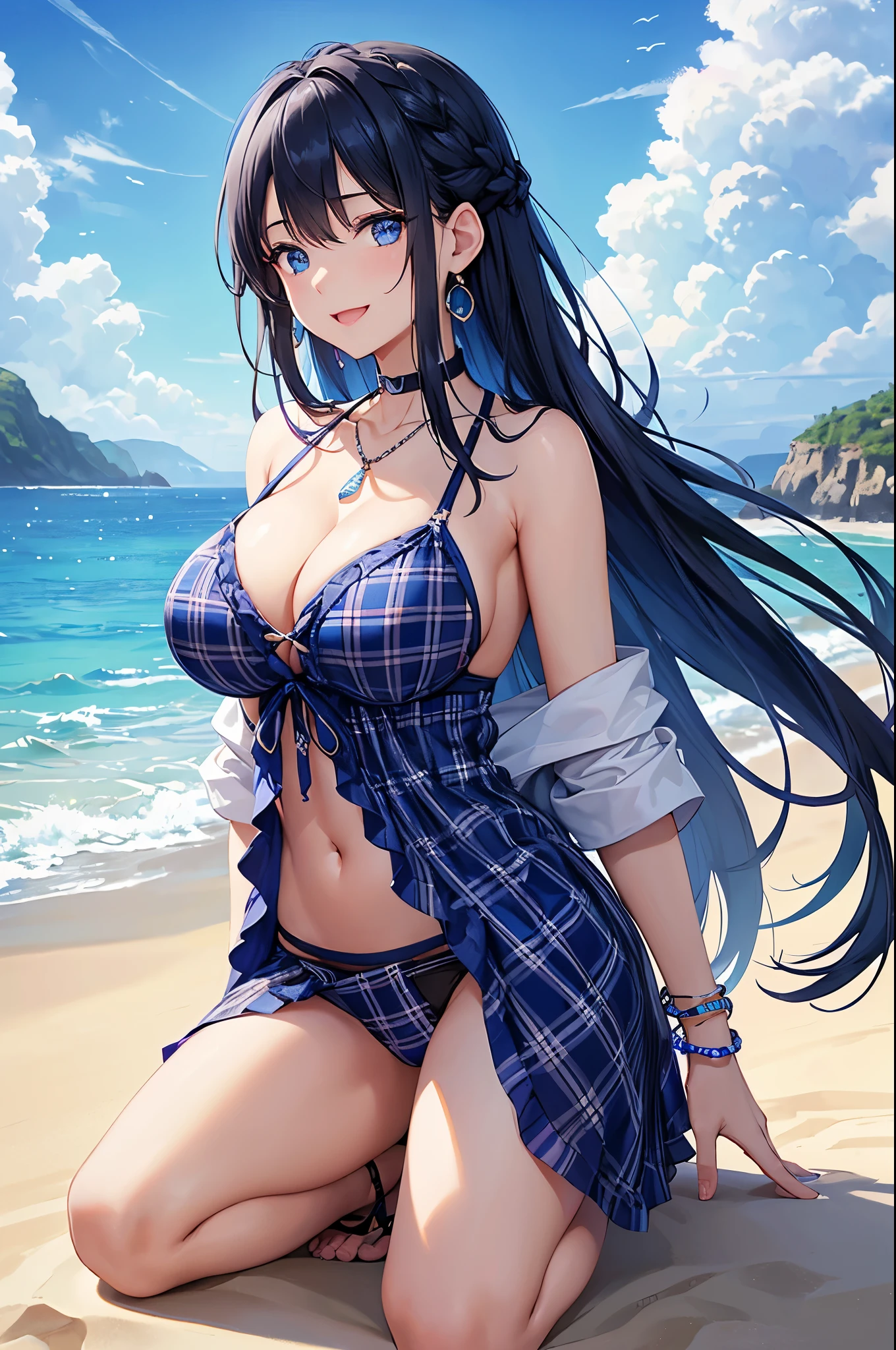 Highest quality、Highest quality、masterpiece、(8K),beauty(Age 25)、Navy blue long hair(Braiding of the sides)、blue eyes、Sexy Bikini(Plaid)、Big cleavage、(Big Breasts)、smile、blue necklace、Blue Earrings、background(Beach)、Please open your mouth wide、bracelet、Arch Pose、Blue choker