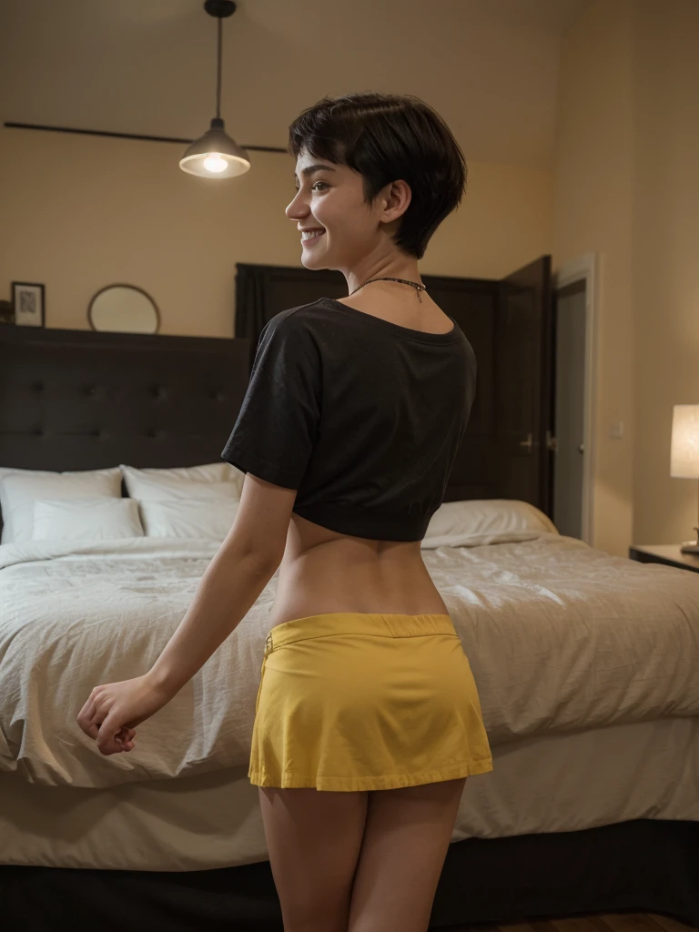 8k, RAW photo, best quality, ultra high resolution, photorealistic, 18 year old slim girl with black purple short undercut haircut, room, night, yellow, smiling, perfect hands, five fingers, skirt, back