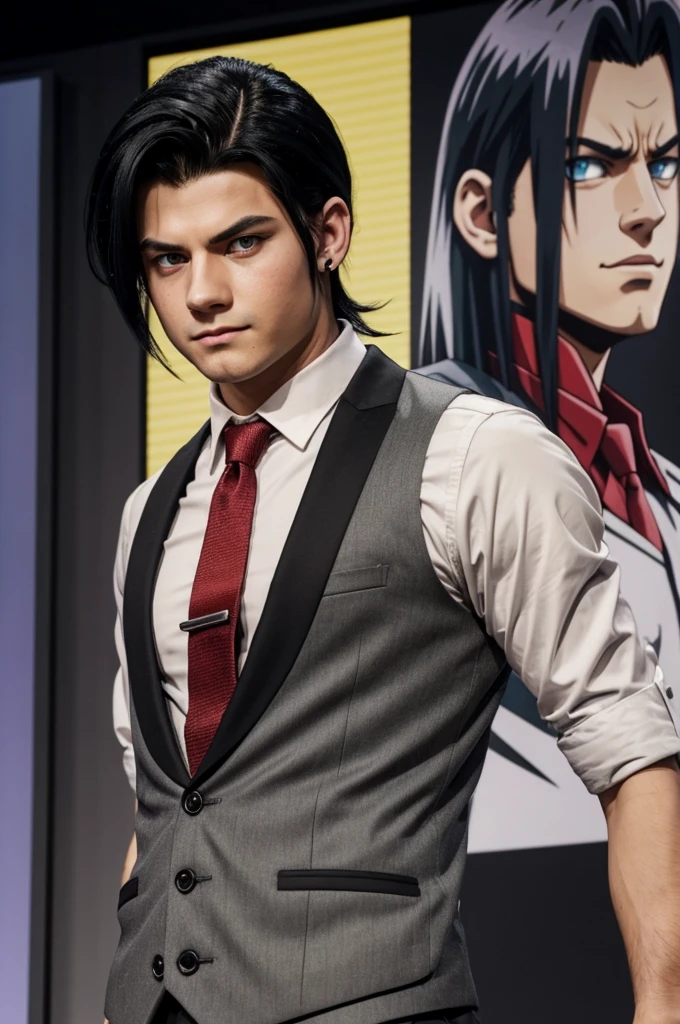 Boy with black hair mullet cut with a red lock, dressed in a gray vest and a green tie , with a porcing in the eyebrow and one in the ear, golden eyes,  with a serious face turning to 2/4 , boku no hero academia panel style