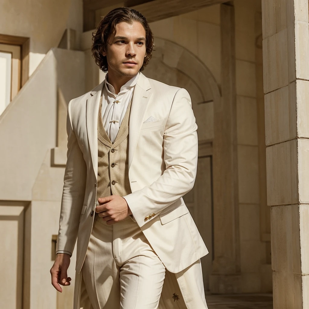 Generate a suit for a man, based on the aesthetics of game of thrones, The representative colors of the house are beige, Dorado, white and high quality details, The suit should be slightly tight to the body and simple but elegant.