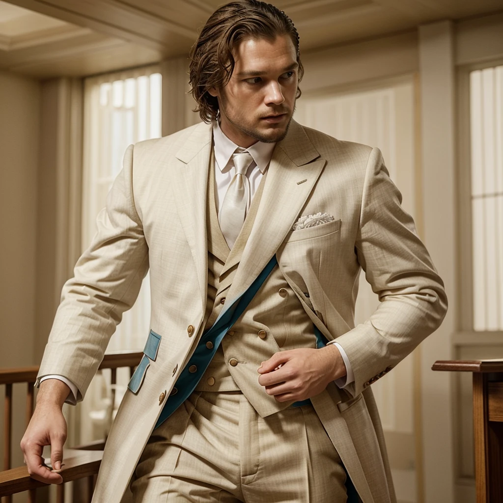 Generate a suit for a man, based on the aesthetics of game of thrones, The representative colors of the house are beige, Dorado, white and high quality details, The suit should be slightly tight to the body and simple but elegant.