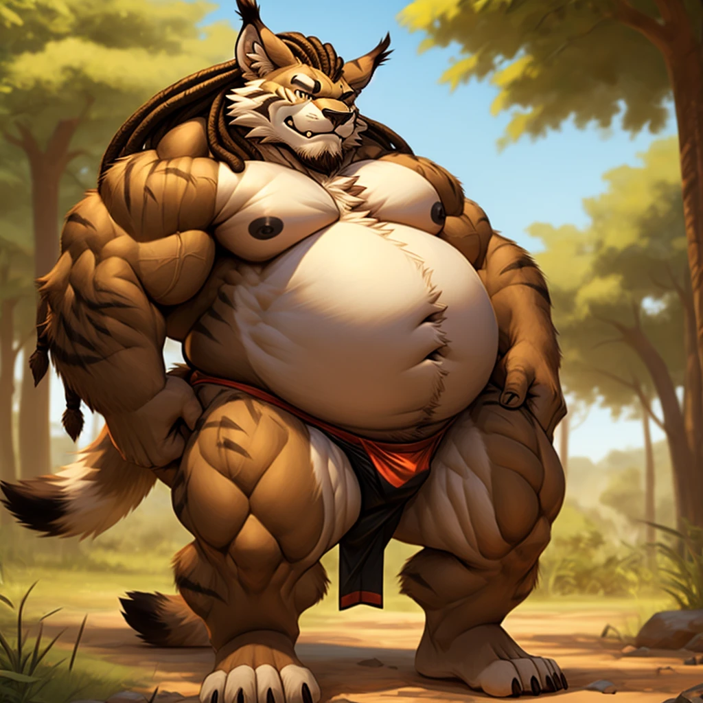 Giant Obese sumo wrestler lean lynx, femboy, male, with flat chest, big black nipples, toned, nature background, plantigrade, long wild dreadlocks, small white loincloth, african, dark skin, markings