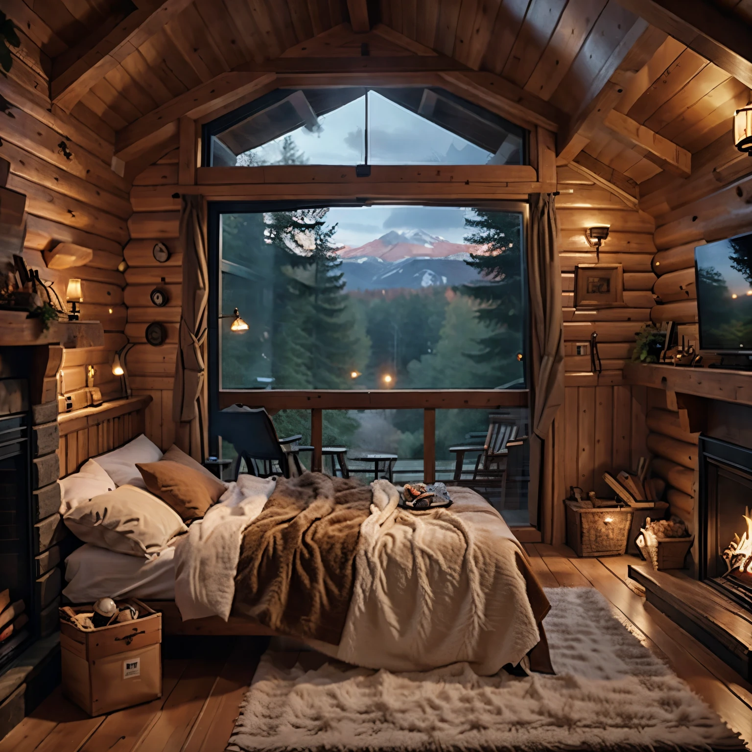 ((best quality)), ((masterpiece)), (detailed), inside a cabin in the woods, cozy, warm