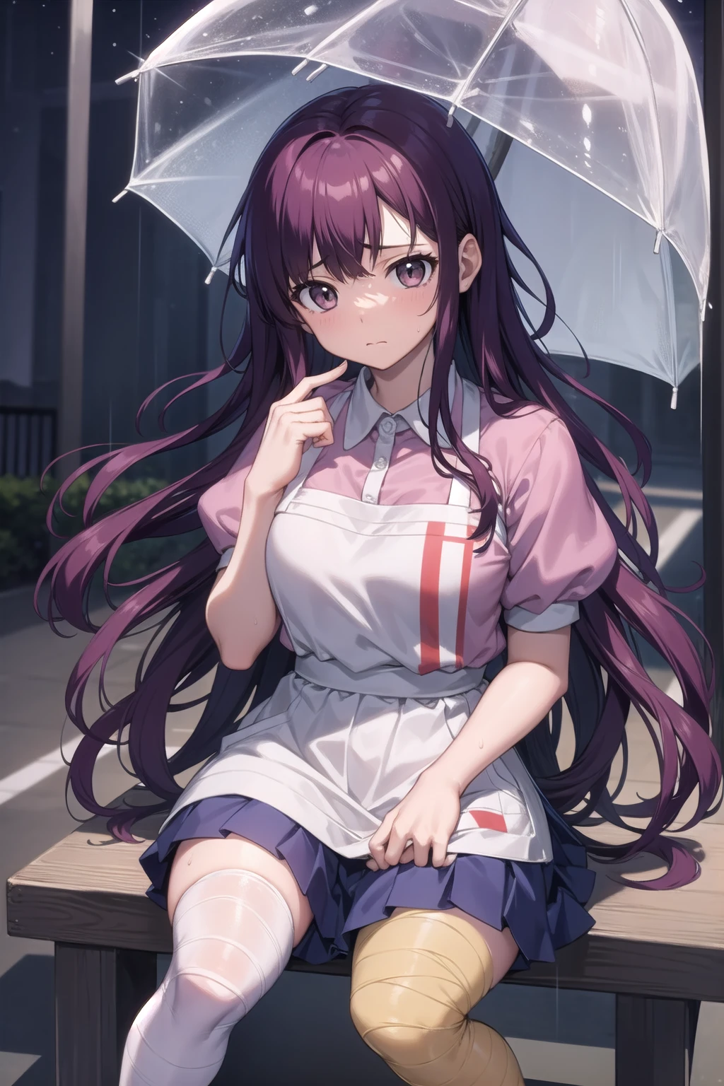 masterpiece, best quality, highres, large breasts, tmikan, purple hair, (brown eyes:1.2), long hair, messy hair, bandaged arm, bandaged leg, bandaid on knee, pink shirt, puffy short sleeves, white apron, pleated skirt, outdoors, looking up, closed mouth, sad, puppy eyes, heavy rain, night, holding umbrella, wet shirt,