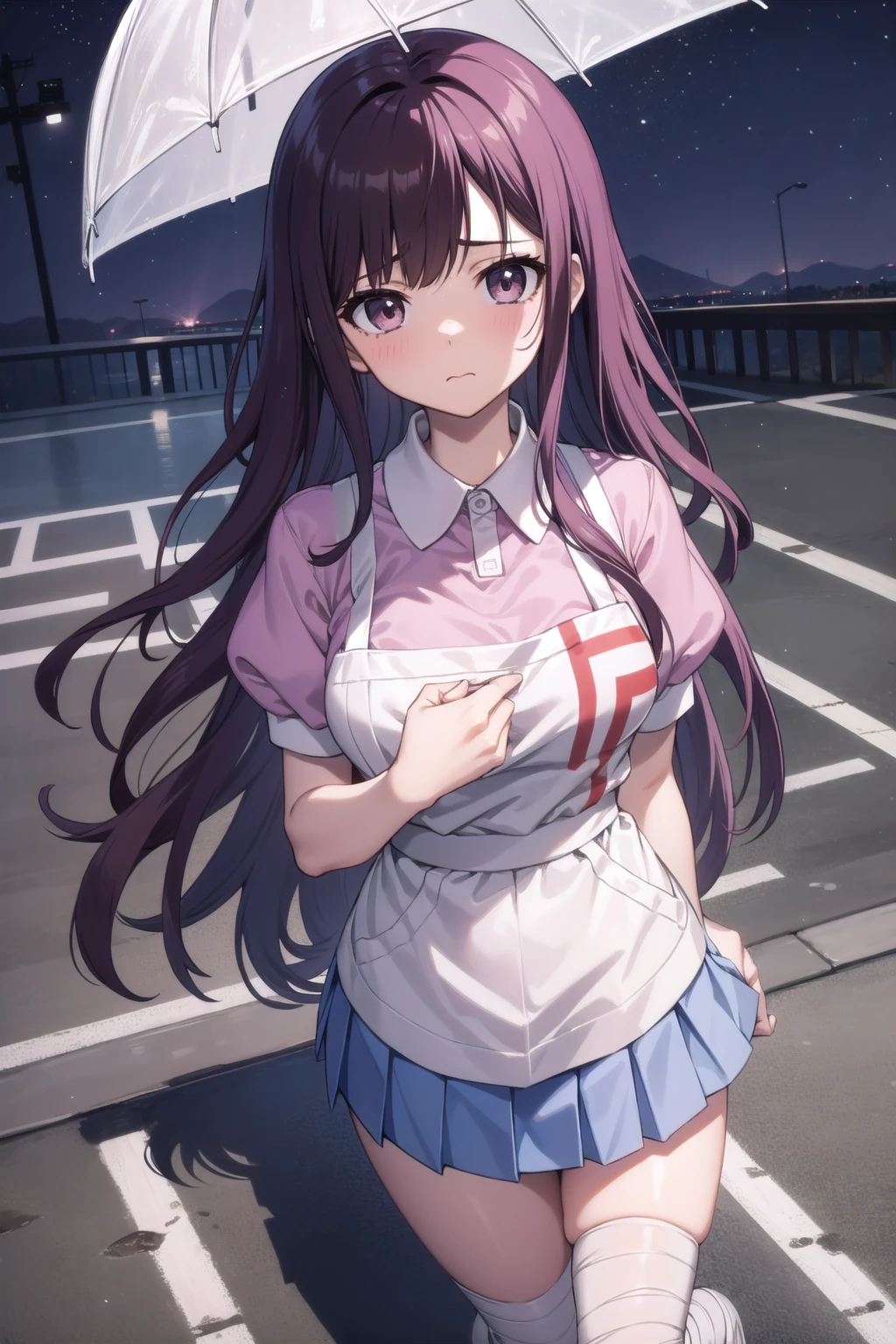 masterpiece, best quality, highres, large breasts, tmikan, purple hair, (brown eyes:1.2), long hair, messy hair, bandaged arm, bandaged leg, bandaid on knee, pink shirt, puffy short sleeves, white apron, pleated skirt, outdoors, looking up, closed mouth, sad, puppy eyes, heavy rain, night, holding umbrella, wet shirt,