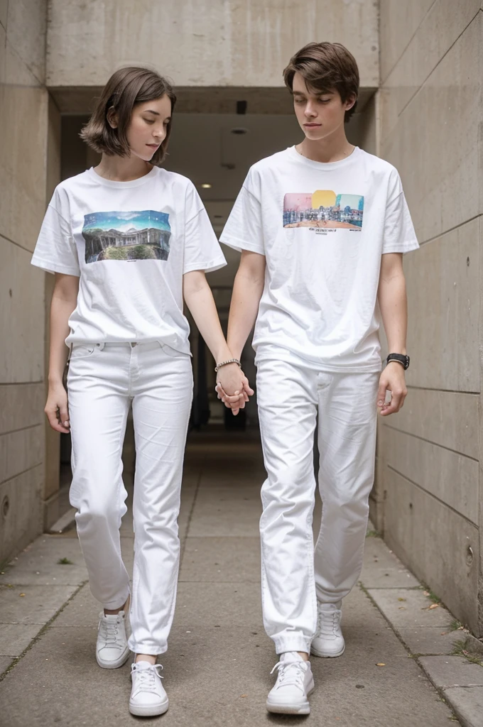 heterosexual couple of -yeld tes holding hands, a boy and a girl, both in white t-shirts, white pants, white sneakers, seen from the front and with black bracelets on their arms holding hands. both the same height. The couple's arms should be close. the photo must show both of them in full body. Both clothes must be completely white. emphasis on them being full-length in the photo.