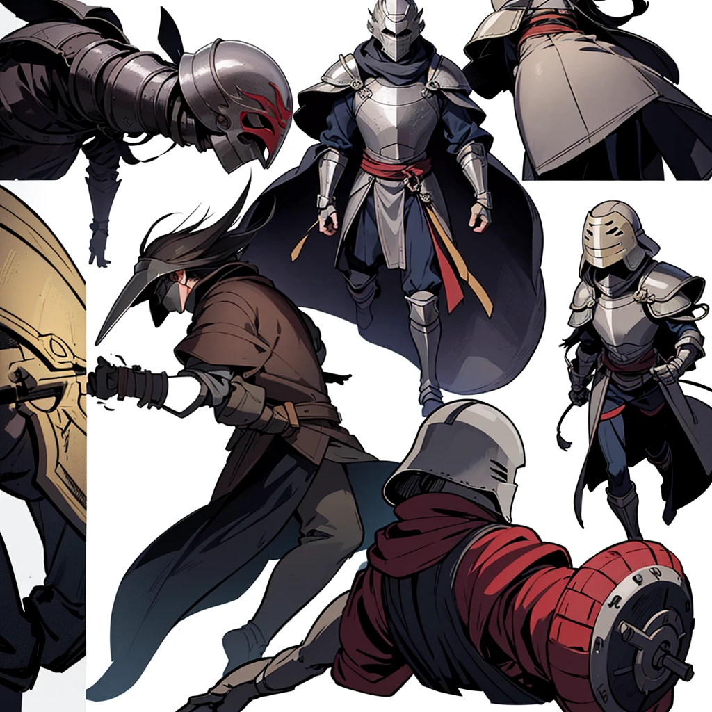 ((whole body、Detailed character design))、(From the back、Back view)、Highest quality, Best Quality,Best illustrations、(((Iron Mask、pocket、Iron Helmet)))、Medieval Armor、Medieval Knight、whole bodyが灰色の鎧、(((20-year-old male)))、Dramatic Angle、(battle)、battlefield、Movement angle、Grab the sword、(Fighting stance)、Run、(((White background)))