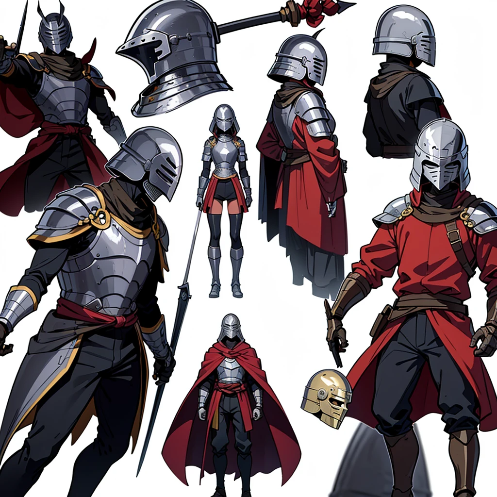 ((whole body、Detailed character design))、(From the back、Back view)、Highest quality, Best Quality,Best illustrations、(((Iron Mask、pocket、Iron Helmet)))、Medieval Armor、Medieval Knight、whole bodyが灰色の鎧、(((20-year-old male)))、Dramatic Angle、(battle)、battlefield、Movement angle、Grab the sword、(Fighting stance)、Run、(((White background)))