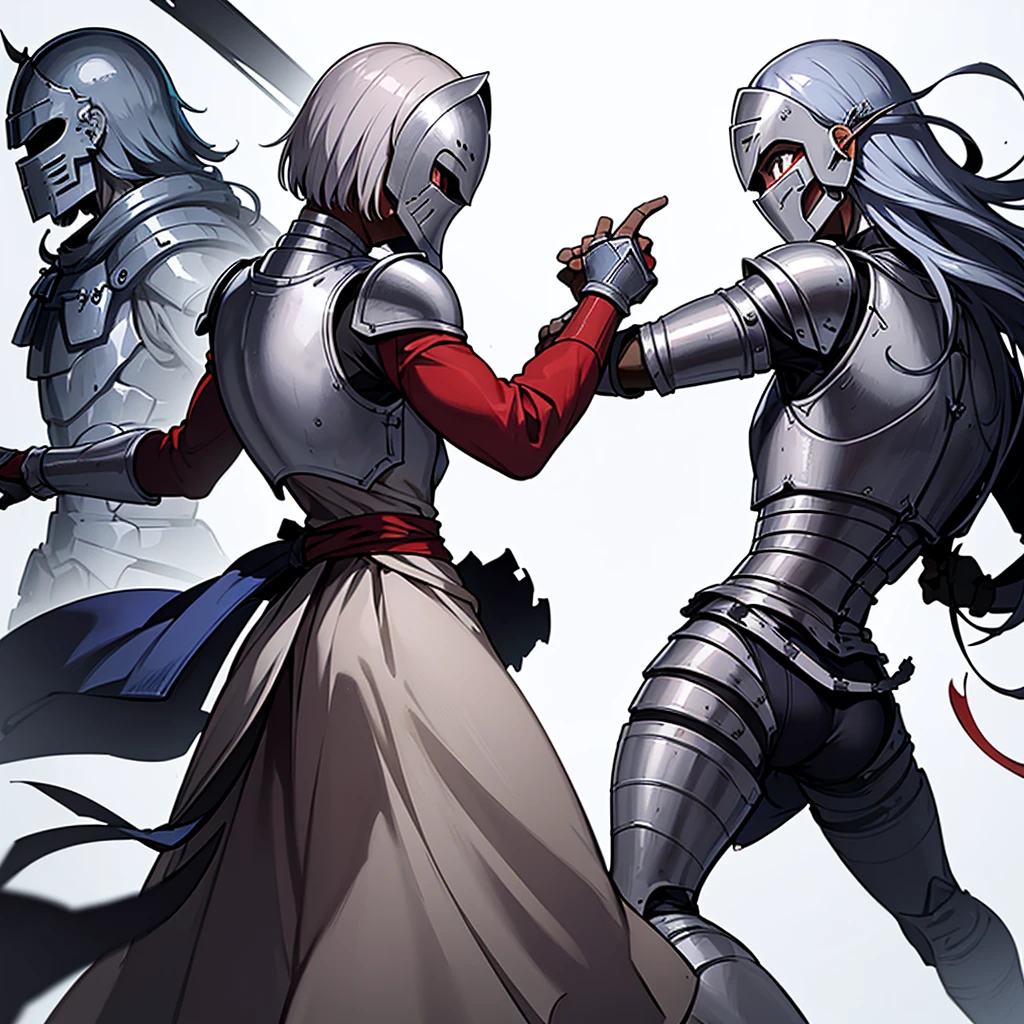 ((whole body、Detailed character design))、(From the back、Back view)、Highest quality, Best Quality,Best illustrations、(((Iron Mask、pocket、Iron Helmet)))、Medieval Armor、Medieval Knight、whole bodyが灰色の鎧、(((20-year-old male)))、Dramatic Angle、(battle)、battlefield、Movement angle、Grab the sword、(Fighting stance)、Run、(((White background)))