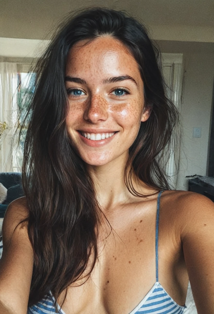 instagram selfie , a 23 year old gorgeous woman , slight smile , detailed skin face and eyes , natural lighting , at home , long hair, topless , film grain, low contrast, natural face , freckles , black hair , blue eyes, dark circles under eyes, full body, smiling