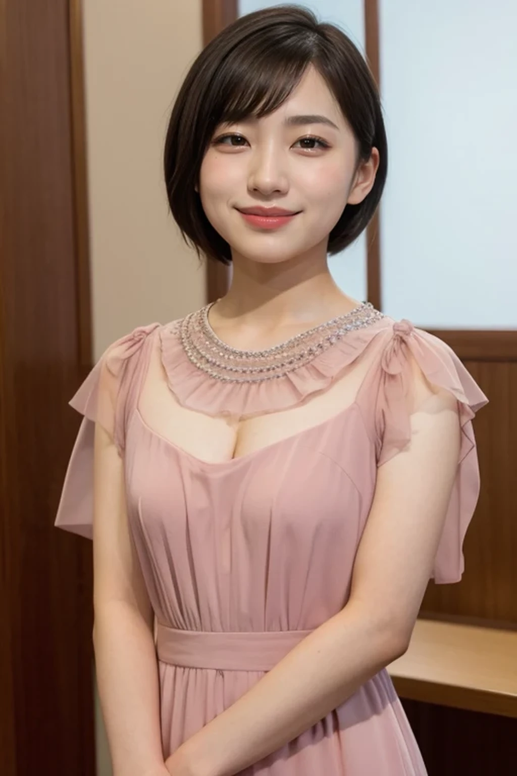 evening dress, deep slit, small breasts, cleavage, 8k, RAW photo, best quality, masterpiece, realistic, photo-realistic, clear, professional lighting, beautiful face, no makeup, best quality, ultra high res, BREAK, Japanese cute girl, , (short cut hair:1.2), smile, BREAK, standing