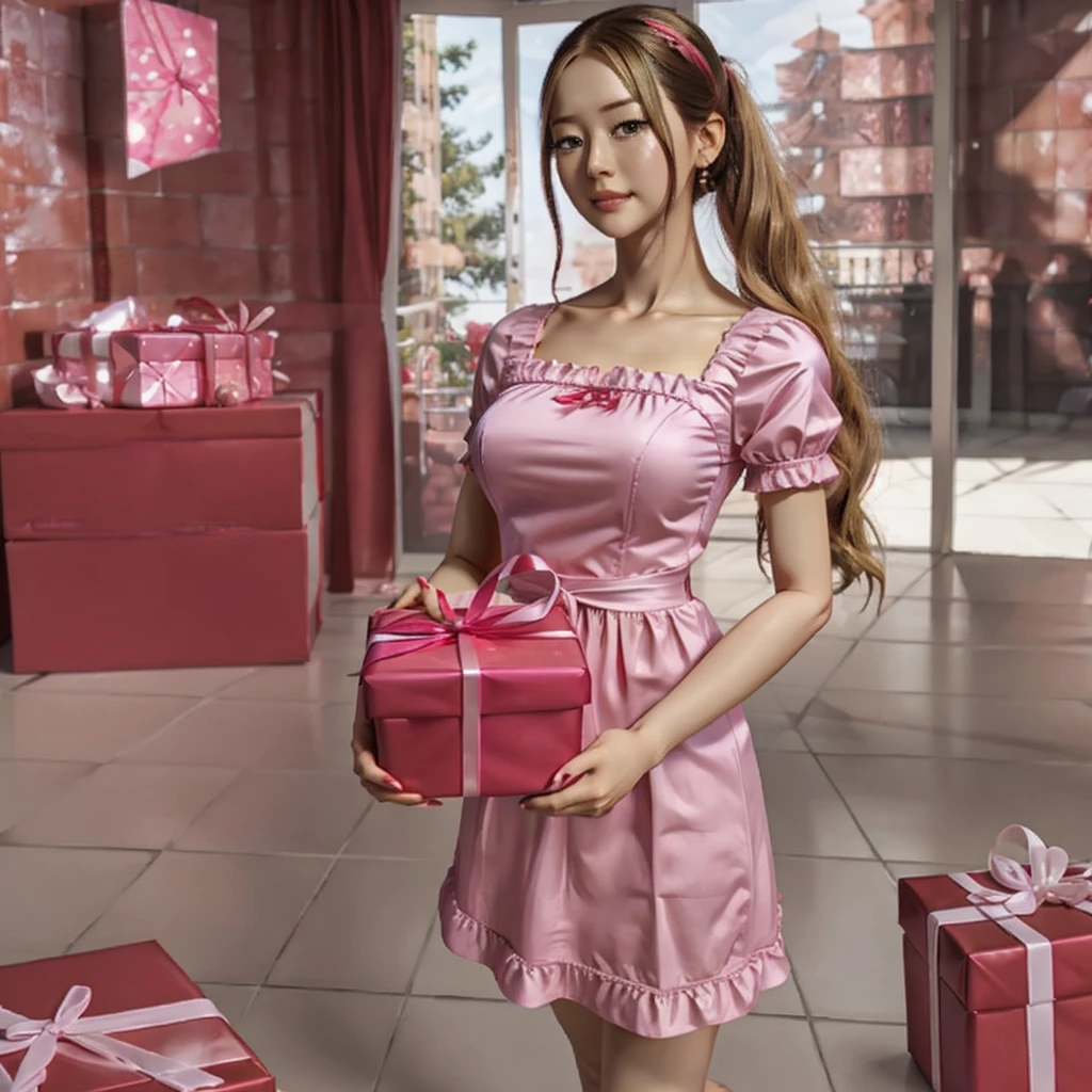 a woman in a pink dress holding a red present, cgsociety 9, holding gift, by Lü Ji, artdoll, realistic. cheng yi, realistic anime 3 d style, cgsociety, 3 d anime realistic, gifts, giving gifts to people, anime figurine, cg art, by Li Di, photorealistic anime girl render, realistic - anime, presents , realistic