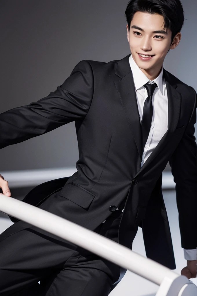 (Male in his early 20s, Black short hair, A cheerful, bouncy smile), (secretary, suit, formal), (Toned body), tall, Balanced style, President's office, Modern Office,Subdued lighting,