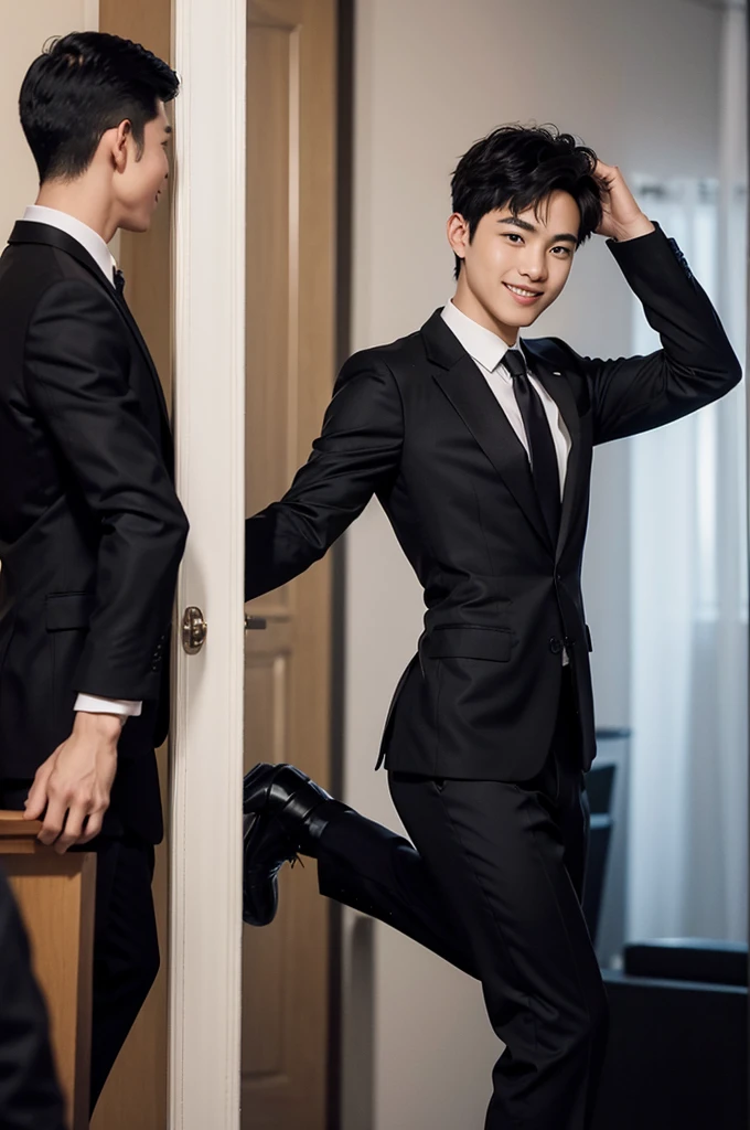 (Male in his early 20s, Black short hair, A cheerful, bouncy smile), (secretary, suit, formal), (Toned body), tall, Balanced style, President&#39;s office, Modern Office,Subdued lighting,