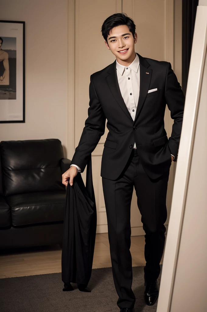 (Male in his early 20s, Black short hair, A cheerful, bouncy smile), (secretary, suit, formal), (Toned body), tall, Balanced style, President's office, Modern Office,Subdued lighting,